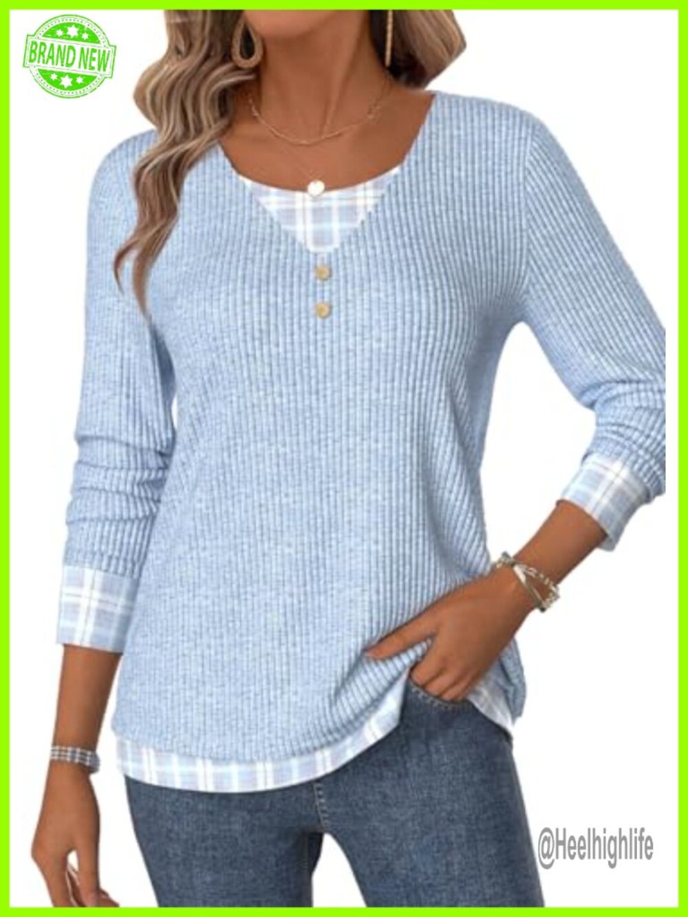 Ribbed Knit Long Sleeve V Neck Tunic Top Plaid Trim Loose Fit